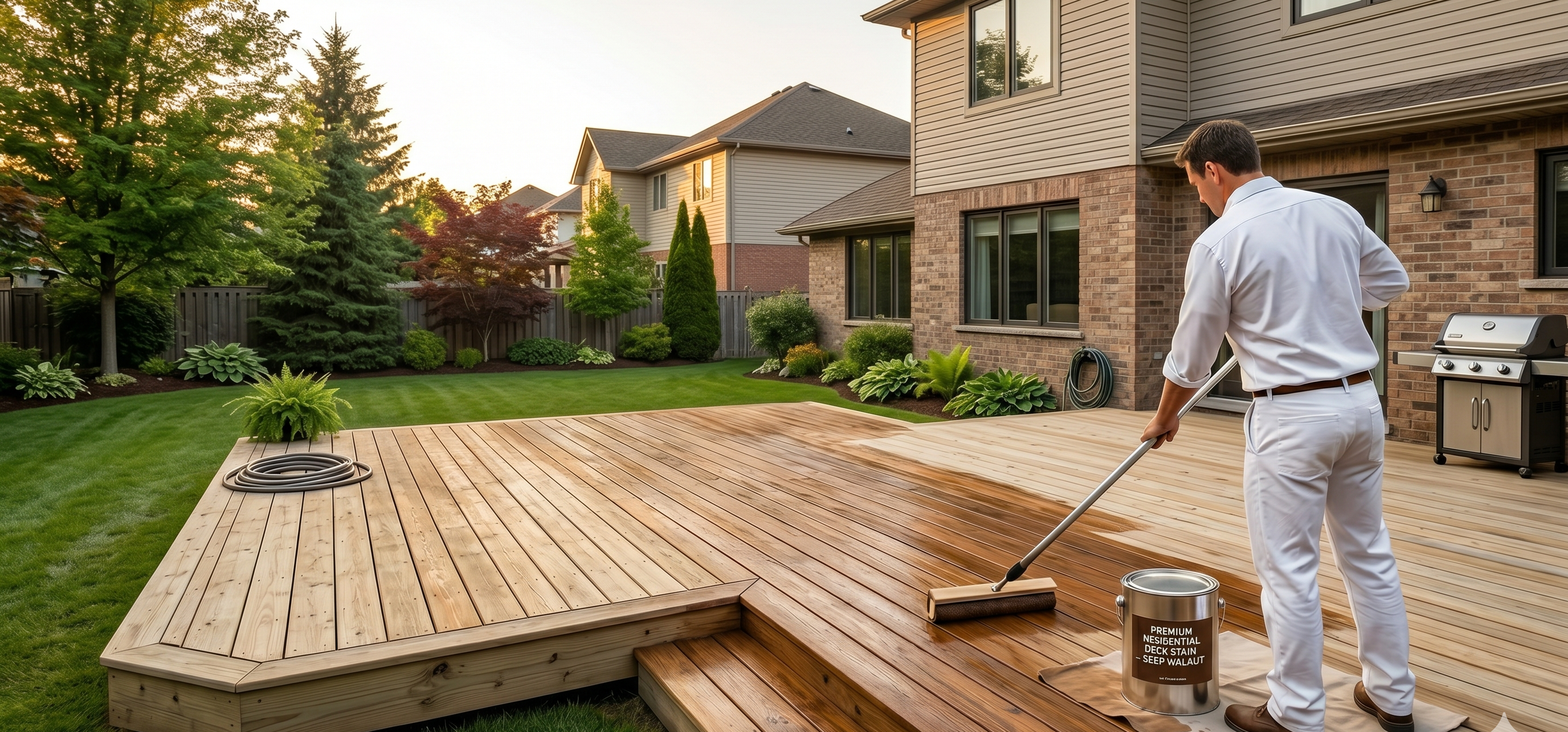 Beautifully stained natural wood fence and deck in a Pacific Northwest backyard